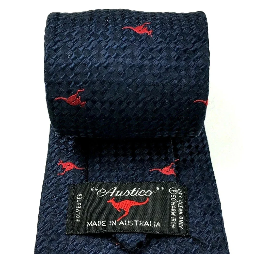AUSTICO Australia Mens Polyester Necktie Animal Theme Kangaroo Navy Blue Red Tie - Picture 2 of 11